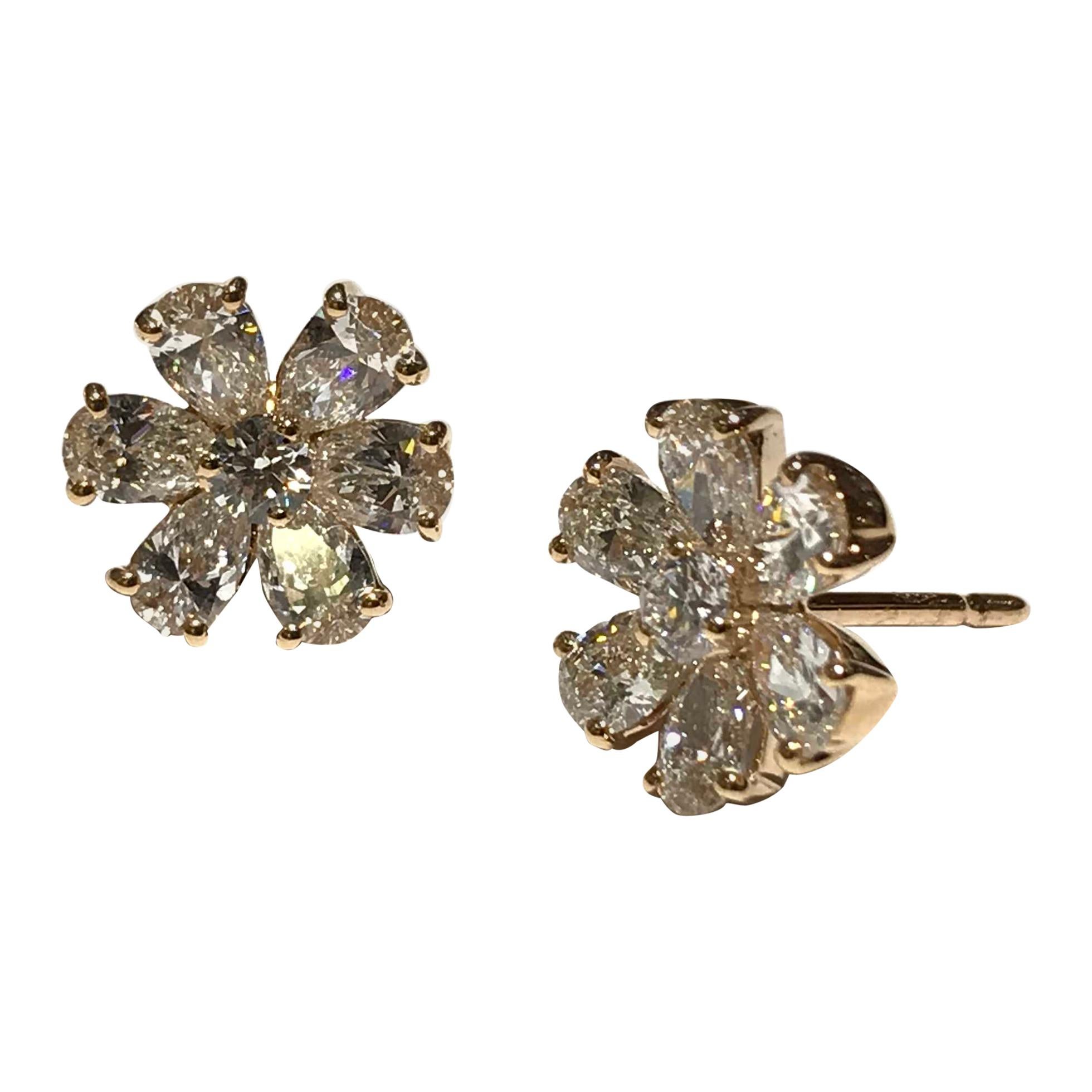 Crivelli Flower Diamond Earrings Set in 18 Karat Pink Gold with White Diamonds For Sale