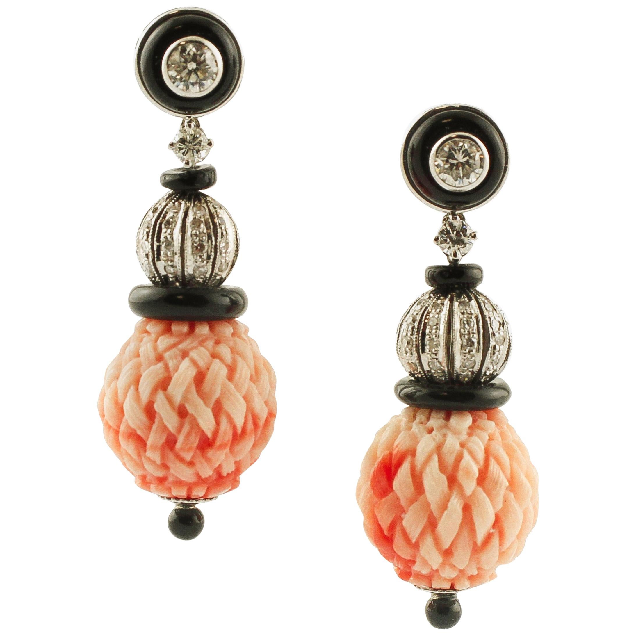 Engraved Red Coral Spheres, Diamonds, Black Agate, White Gold Dangle Earrings