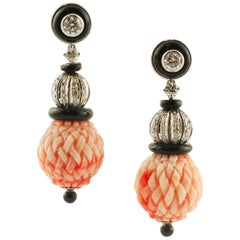 Vintage Engraved Red Coral Spheres, Diamonds, Black Agate, White Gold Dangle Earrings