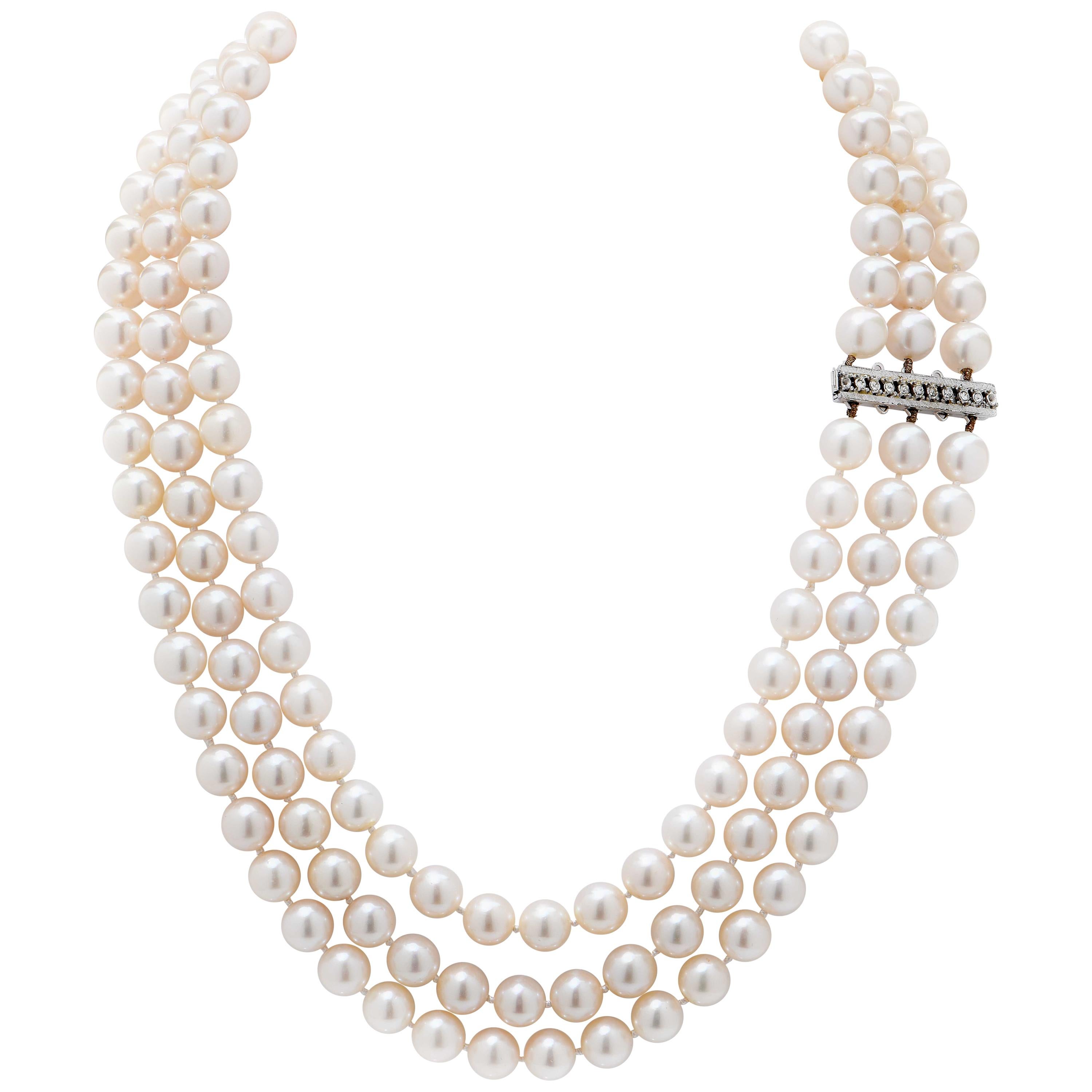 Great Quality Akoya Triple Row Cultured Pearl Necklace with Diamond Clasp