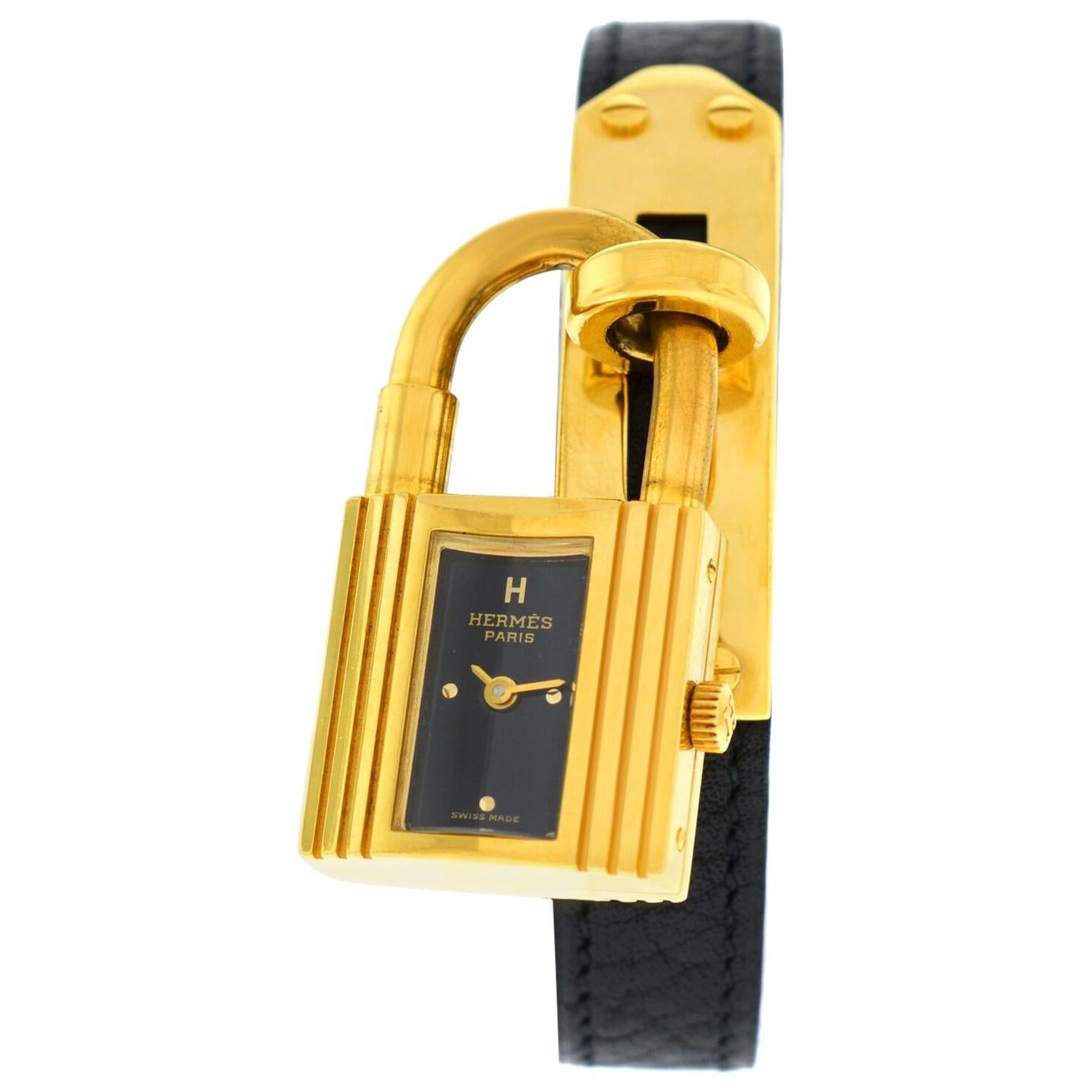 Ladies Hermes Kelly KE1.201 Gold Black Leather Belt Quartz Watch For Sale