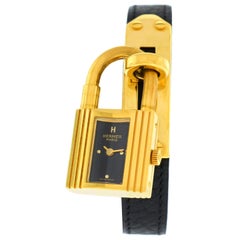 Ladies Hermes Kelly KE1.201 Gold Black Leather Belt Quartz Watch