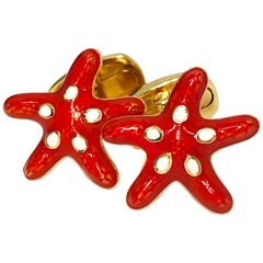 Red White Hand Enameled Starfish Shaped Sterling Silver Gold-Plated Cufflinks