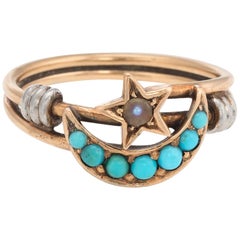 Antique Victorian Ring Crescent Moon Star Pearl Turquoise Vintage 14 Karat Gold