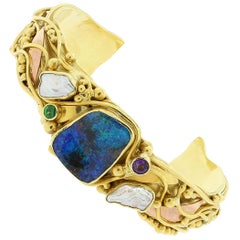 Estate Opal Pearl Tsavorite Amethyst Two-Tone Gold Cuff Bracelet