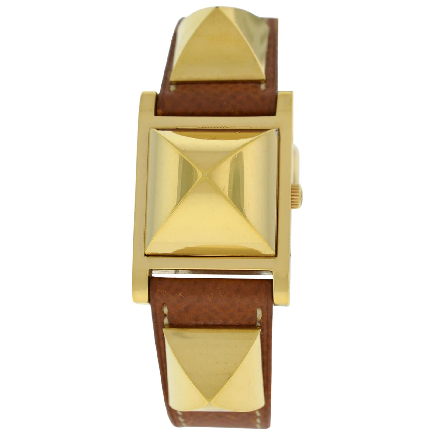 Hermes Medor Stud Gold Plated Bracelet Leather Quartz Watch For Sale