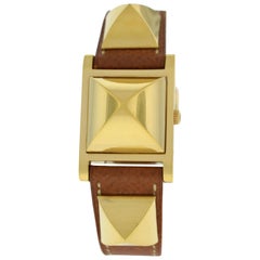 Hermes Medor Stud Gold Plated Bracelet Leather Quartz Watch