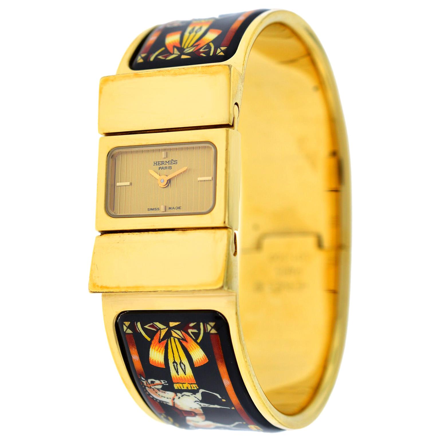 Hermes Paris Loquet L01.201 Gold-Plated Bracelet Quartz Watch For Sale