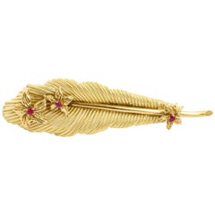 Tiffany & Co. Intricate 18 Karat Yellow Gold Ruby Feather Pin Brooch