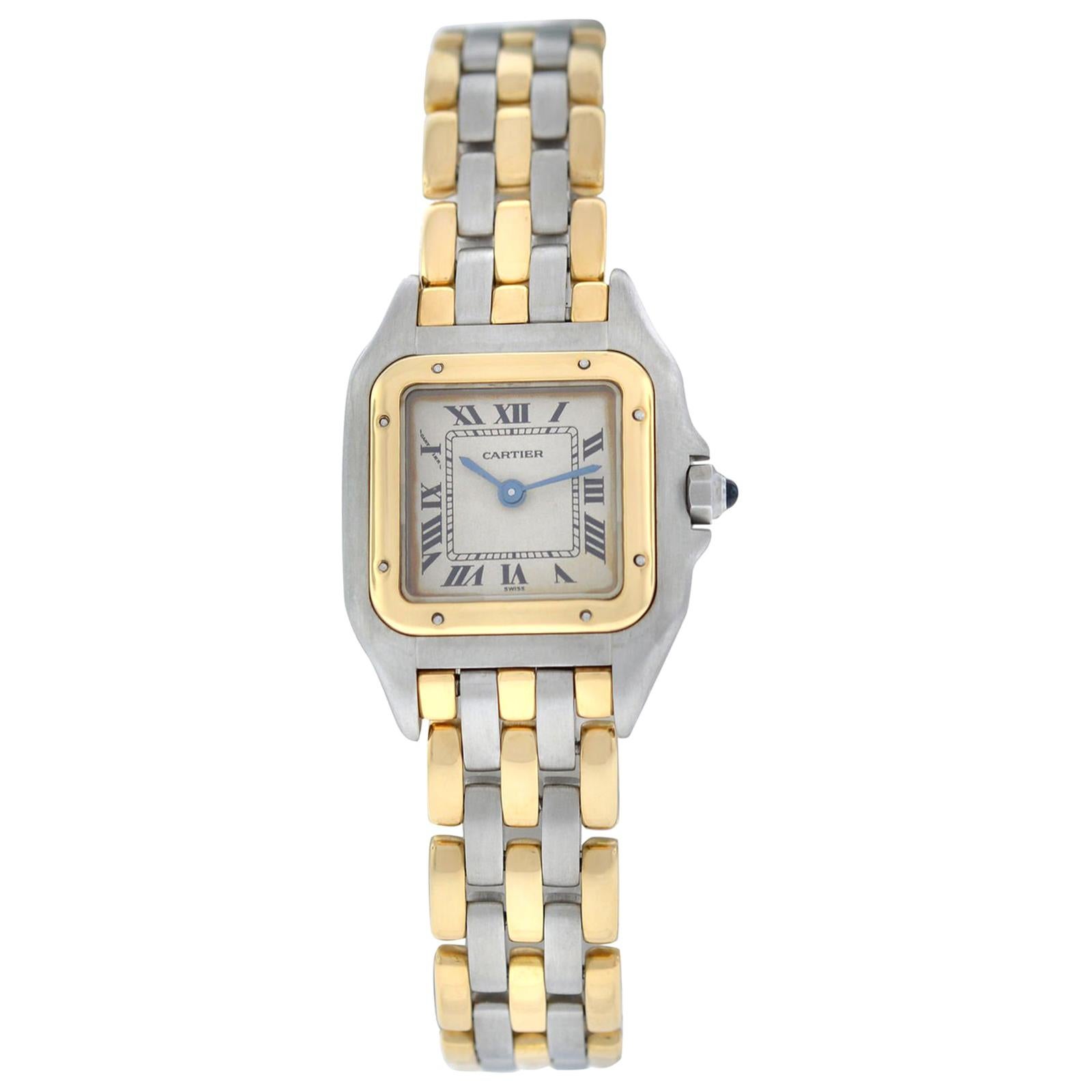 Cartier Panthere Steel 18 Karat Yellow Gold Three-Row Quartz Watch For Sale