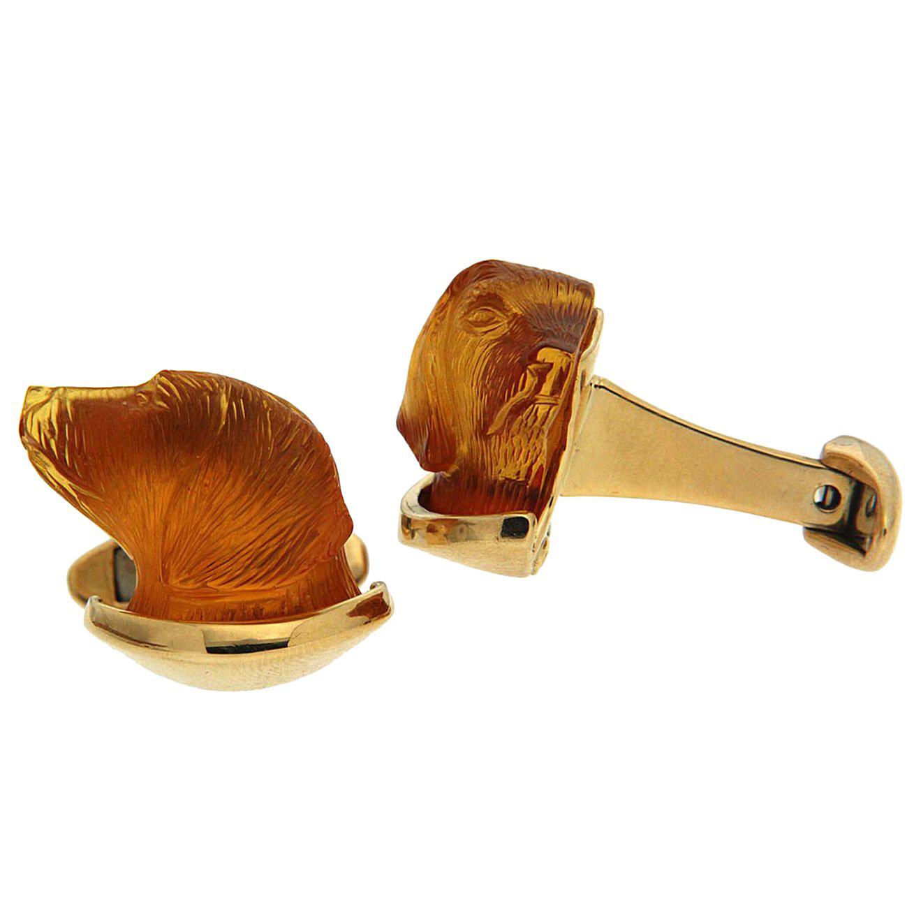Valentin Magro Carved Amber Labrador 18K Yellow Gold Cufflinks For Sale