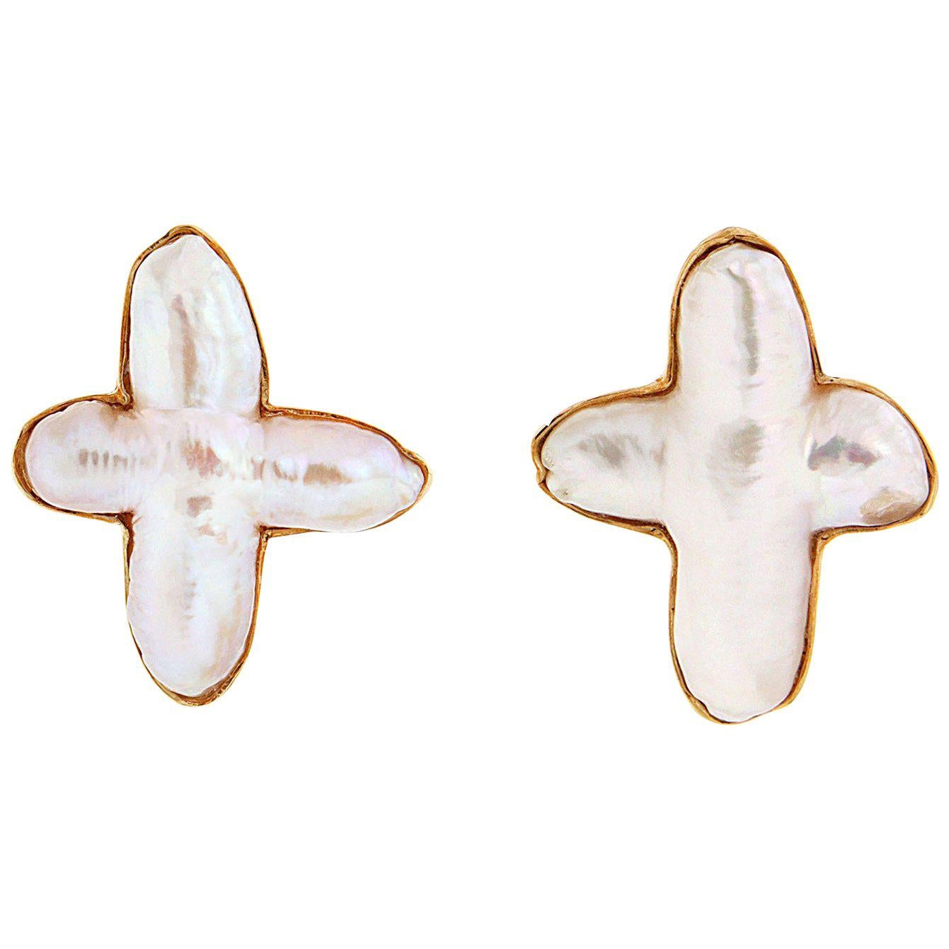 Valentin Magro Baroque Cultured South Sea Pearl Gold Cross Earrings