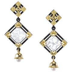 Antique Mother-of-Pearl Gaming Chip, 18k Gold & Silver Square Dangle Earrings