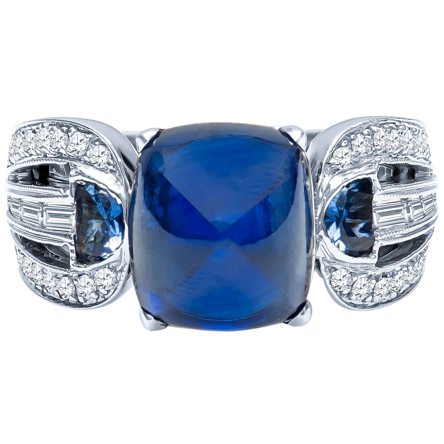 9.06 Carat Sugarloaf Cabochon Natural Blue Sapphire Ring with Diamond Accents