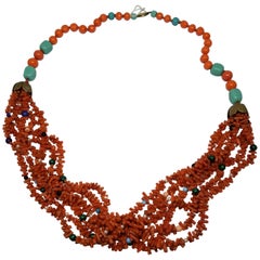 Retro Natural Coral Beads and Sticks with Turquoise and Semi-Precious Stones