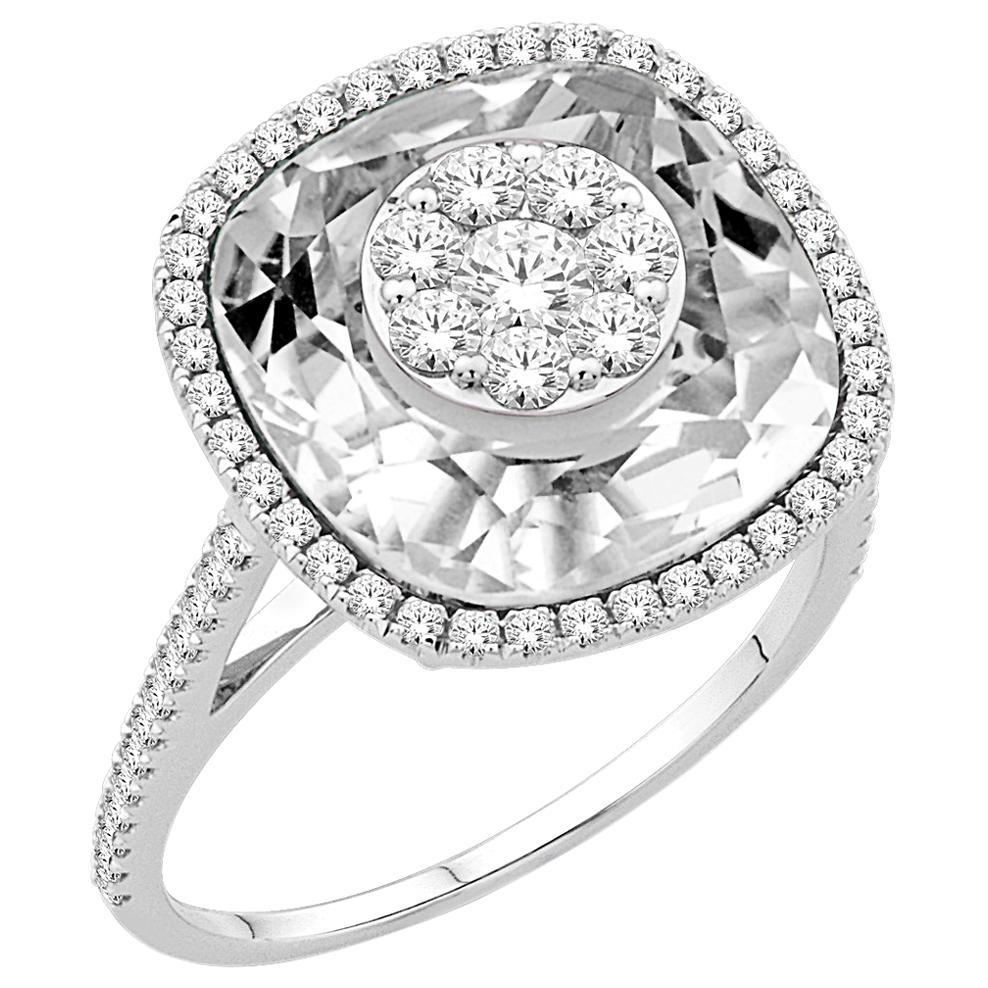 Diamonds Inlaid Into White Quartz Cushion Ring  For Sale