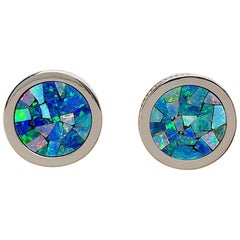 Boutons de manchette en or blanc 18 carats, opale et mosaïque avec bordure en forme de pièce de monnaie