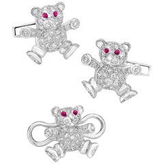 Cellini Jewelers 18kt Gold,  1.90ct. Diamond Teddy Bear Cuff Links & Stud Set