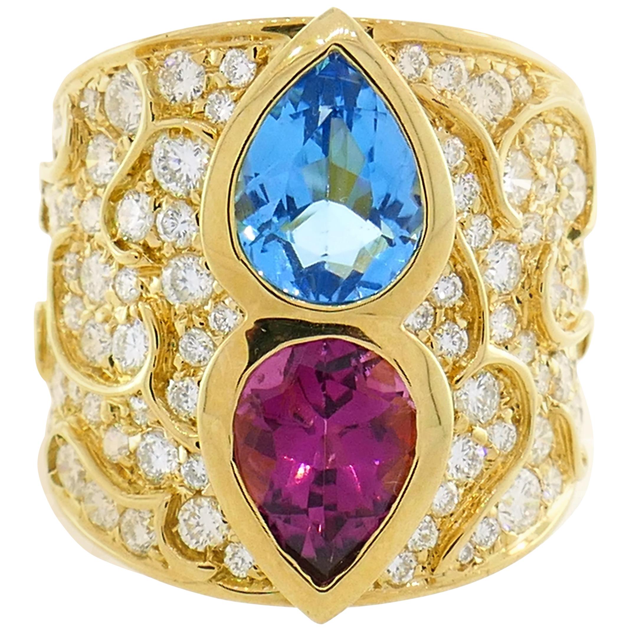 Marina B Bague vintage en or 18 carats avec topaze bleue, tourmaline et diamant