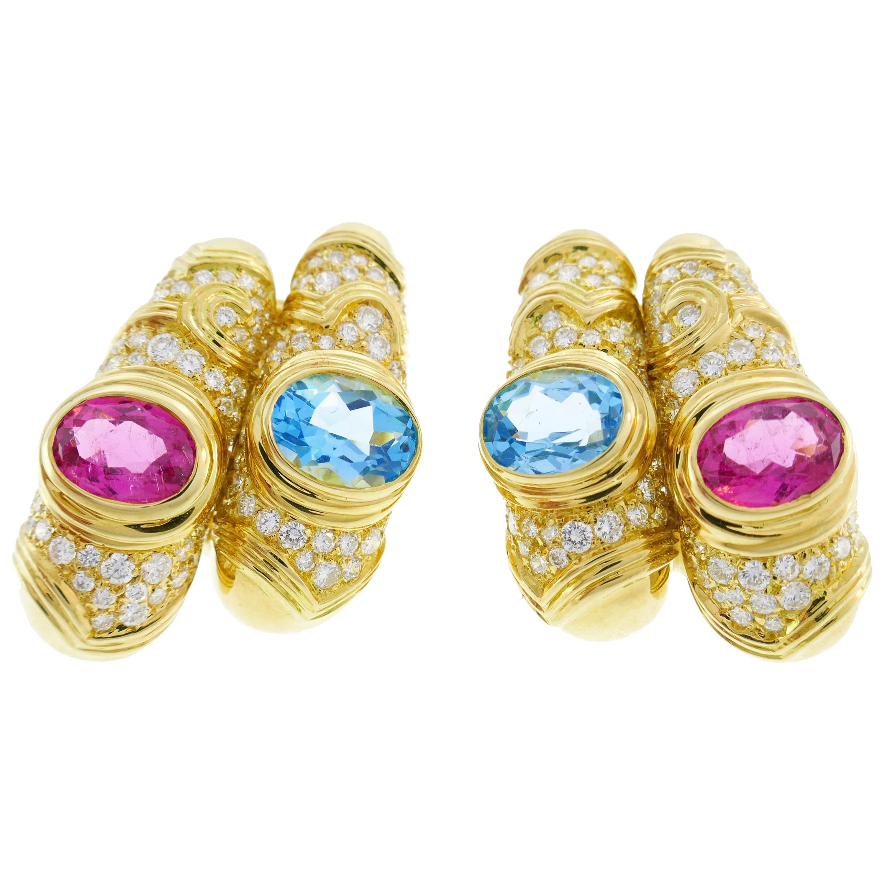 Marina B Yellow Gold Hoop Earrings with Blue Topaz Tourmaline Diamond, 1980s