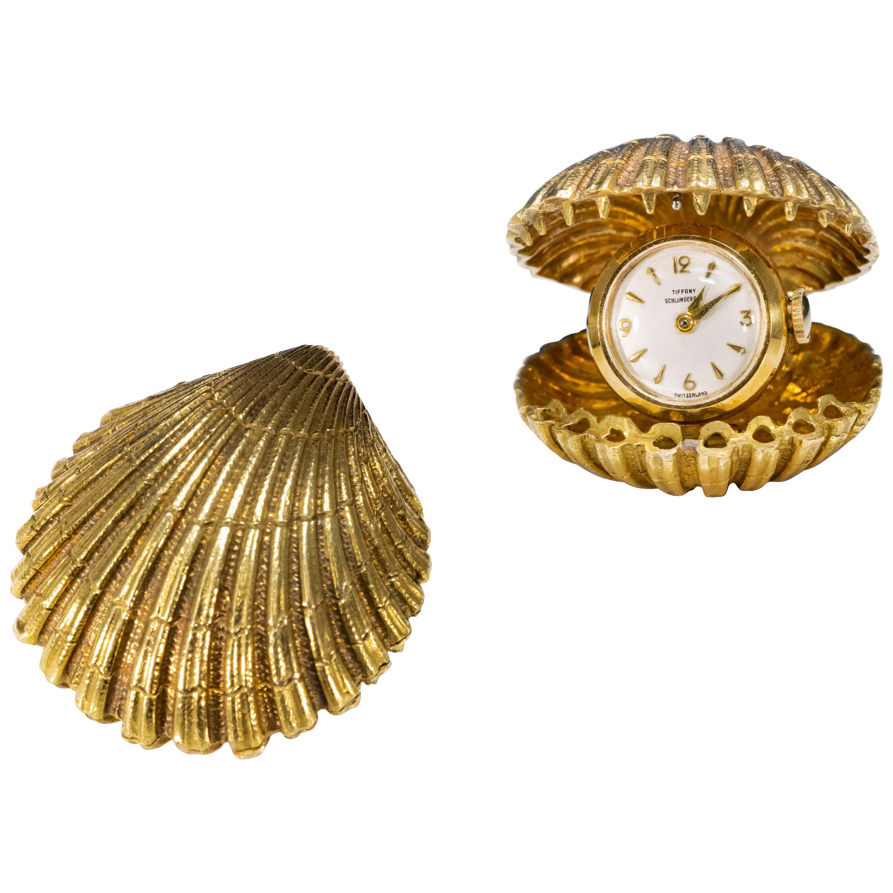  1960-70s Tiffany Schlumberger 18kt Gold Conch Seashell Desk & Purse Clock