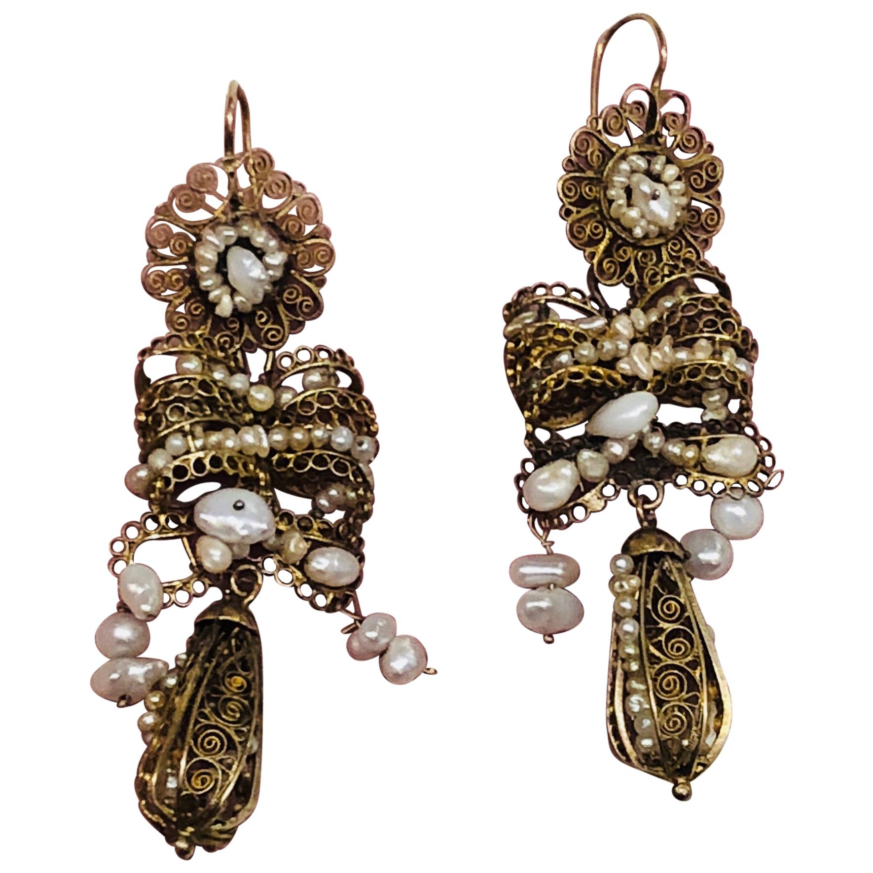 19th Century Spanish Girandolle Filagree Work Earrings Set with Pearls