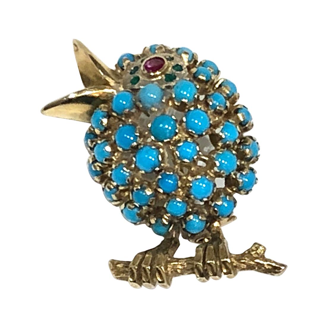 18 Karat Bird Brooch Set with Turquoise, Ruby and Emeralds