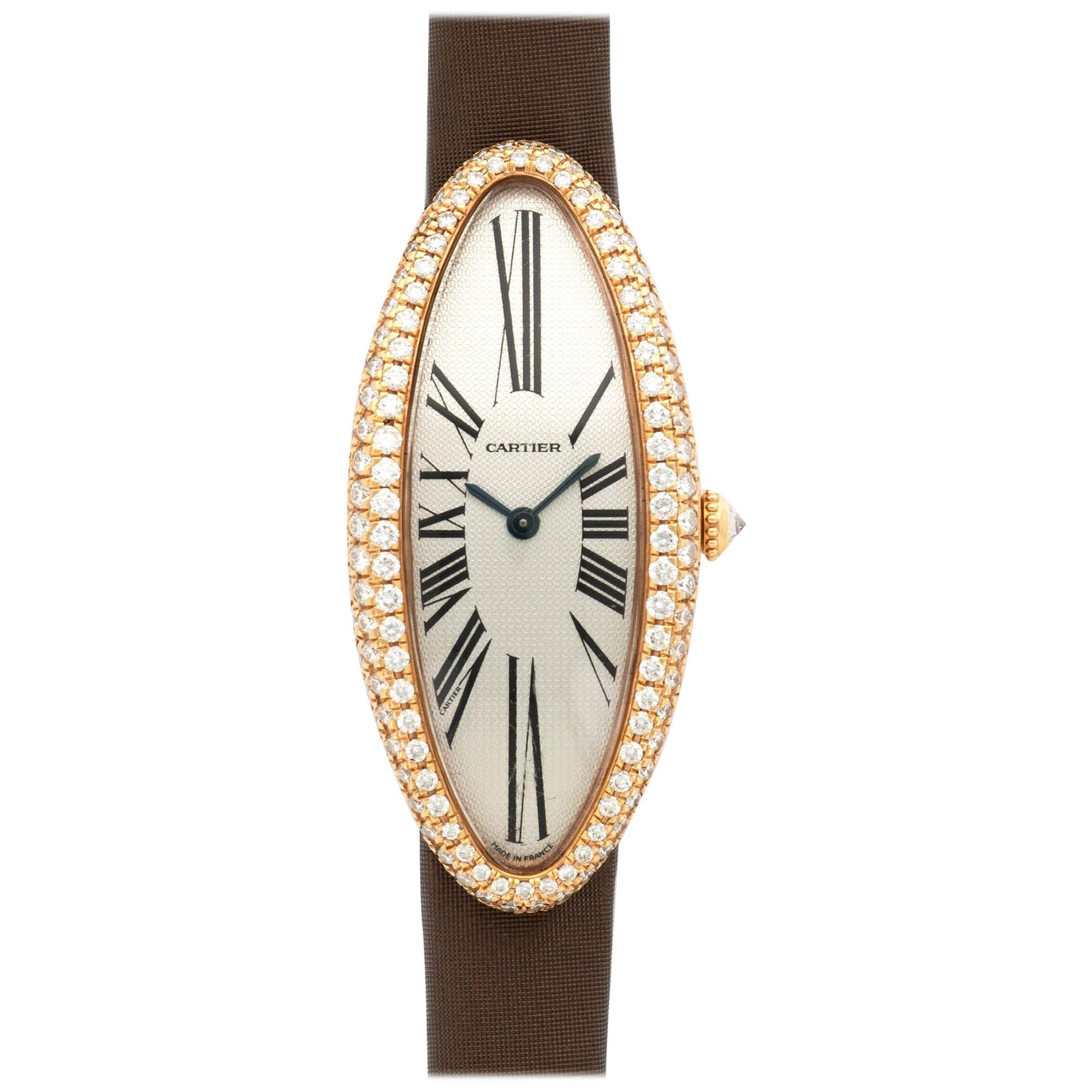 Cartier Rose Gold Baignoire Allongee Maxi Diamond Oval Watch For Sale