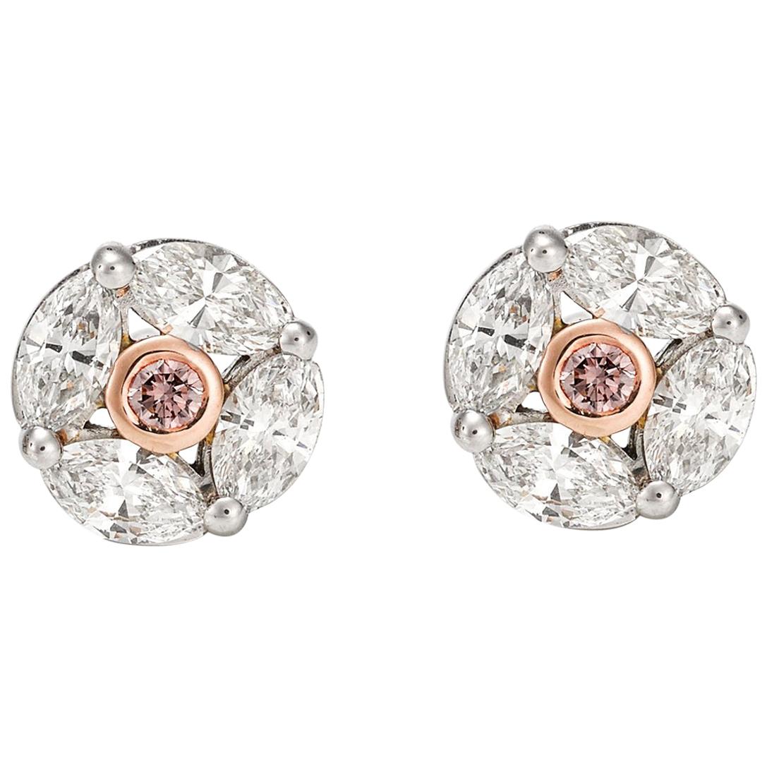 Giulians 18k Pink and White Diamond Stud Earrings  For Sale