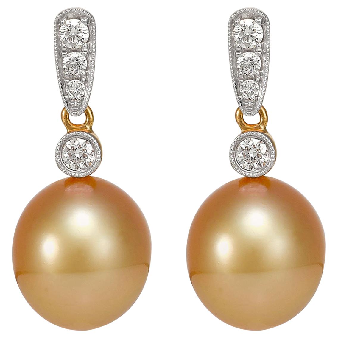 Giulians 18k Golden South Sea Pearl and Diamond Earrings 