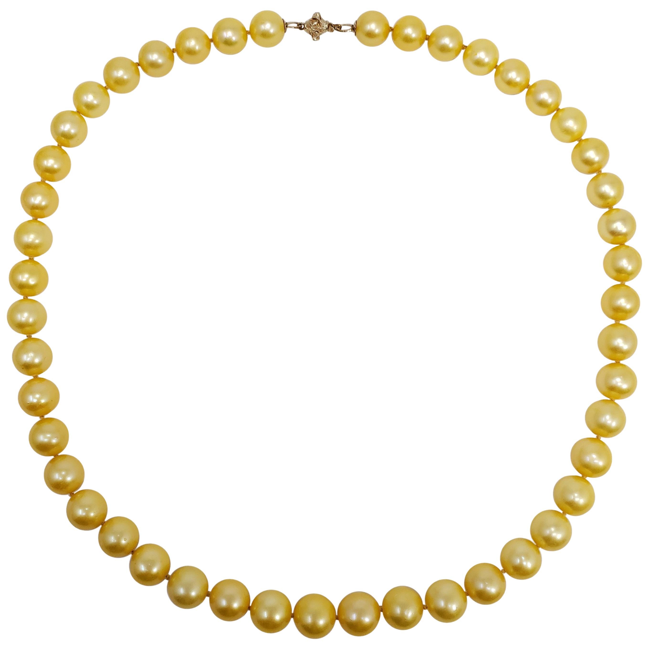 Genuine South Sea Pearl Bead Knotted String Necklace with 14 Karat Yellow Gold For Sale
