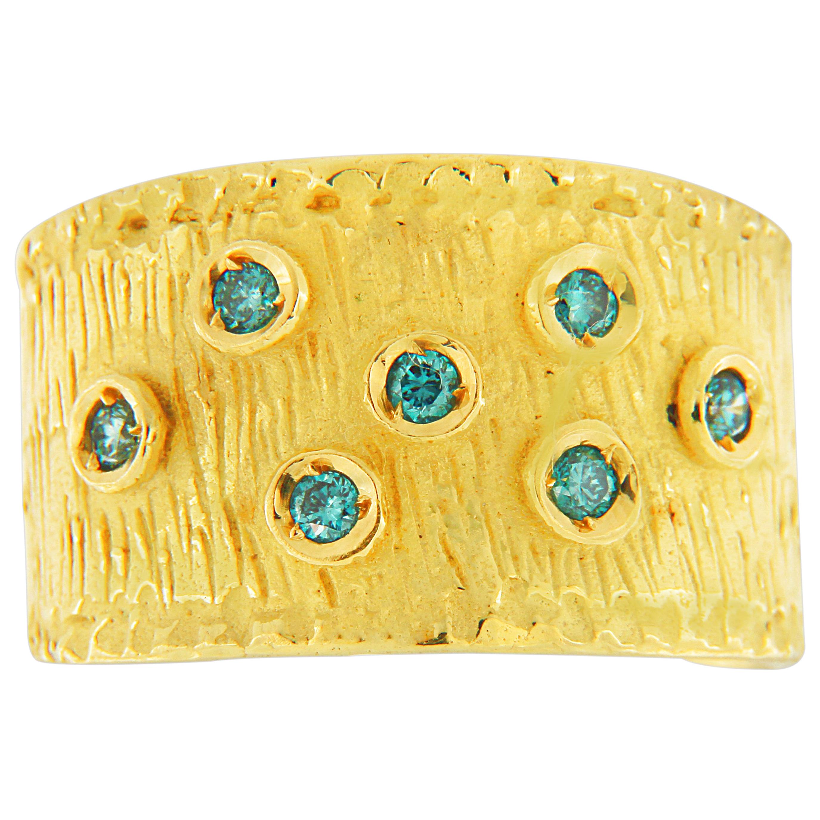 Sacchi Blue Diamonds Gemstone 18 Karat Yellow Gold Wide Band Ring Roman Style