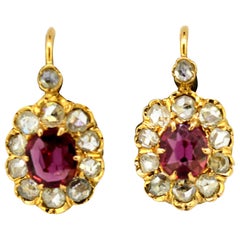 Antique Victorian 18 Karat Gold Earrings, with Natural Ruby and Diamonds, 1880s