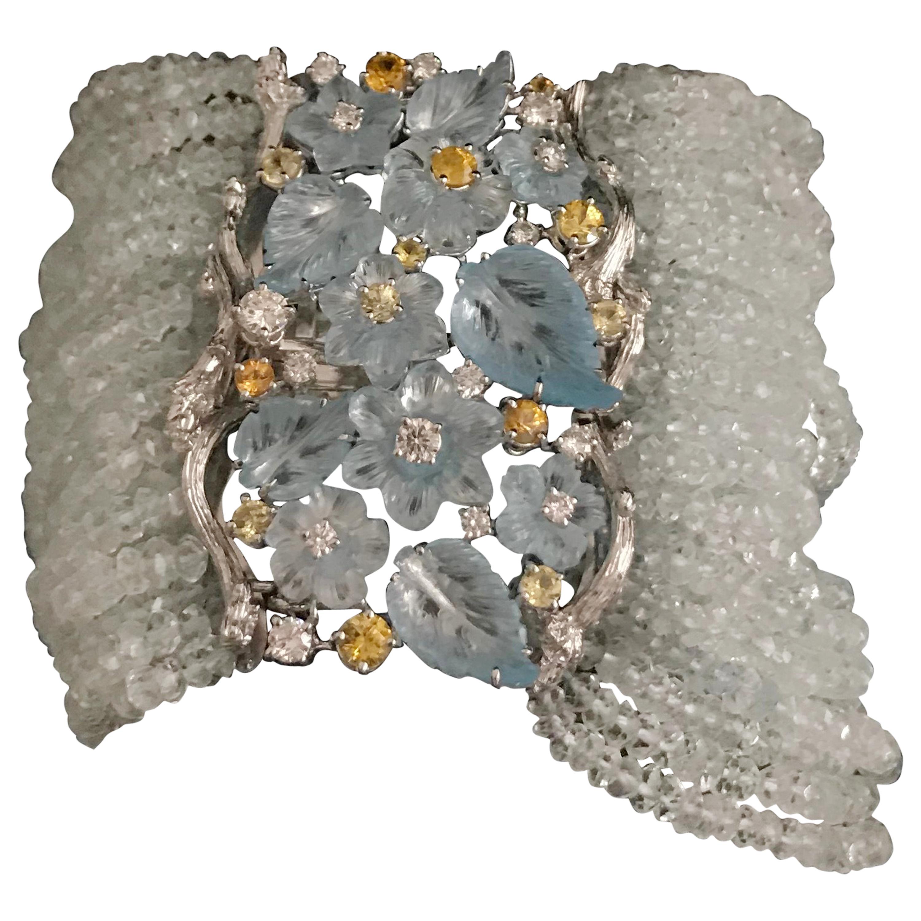 Charm Bracelet 629.60 Carat Aquamarine Leaves 29.35 Carat Blu Topaz and Diamonds For Sale