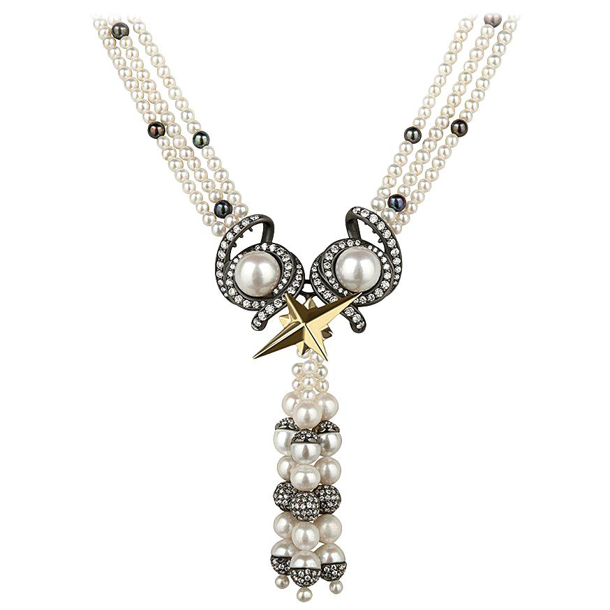 18 Carat Gold, Blackened Silver, Pearl and Diamond 'Voyager' Tassel Necklace For Sale