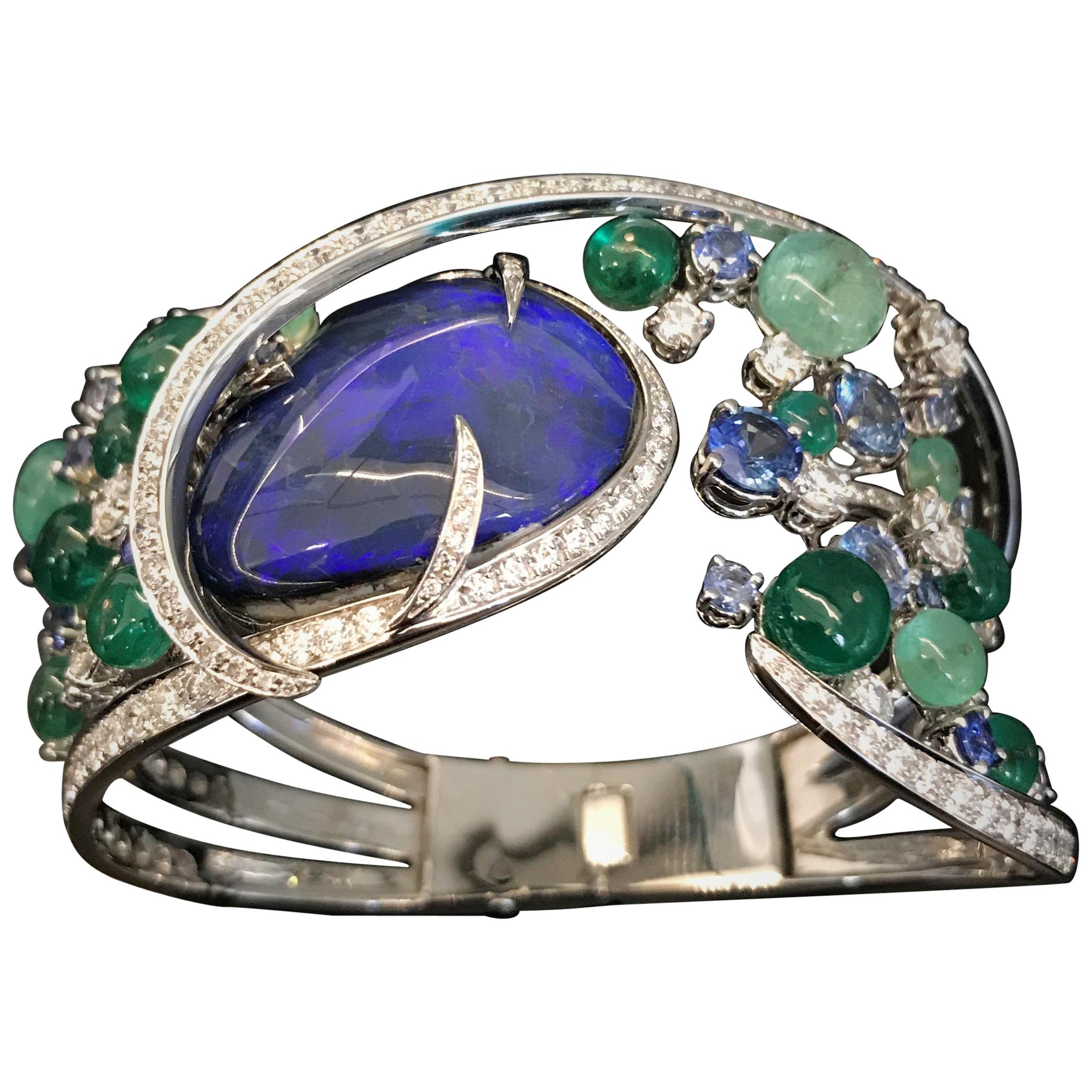 Clamper Bracelet Drop Cabochon Cut Iridescent Blue Opal Emeralds Beads For Sale