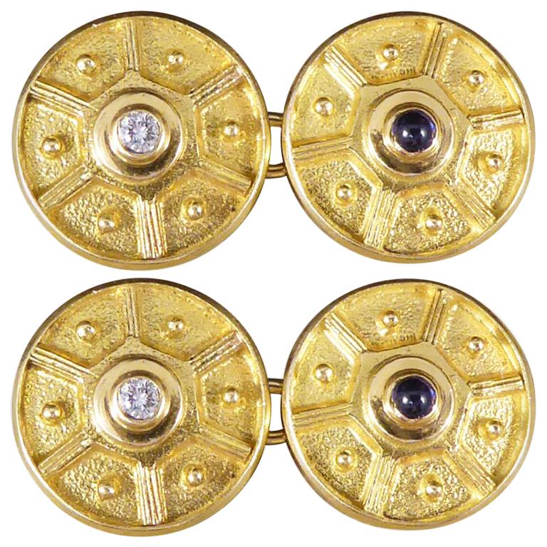 Vintage 18 Carat Gold Cufflinks with Diamond and Cabochon Sapphire Centres