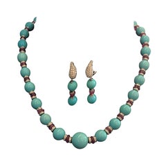 Beaded Necklace White Gold Brilliant Washers Turquoise Spheres and Ruby Beads