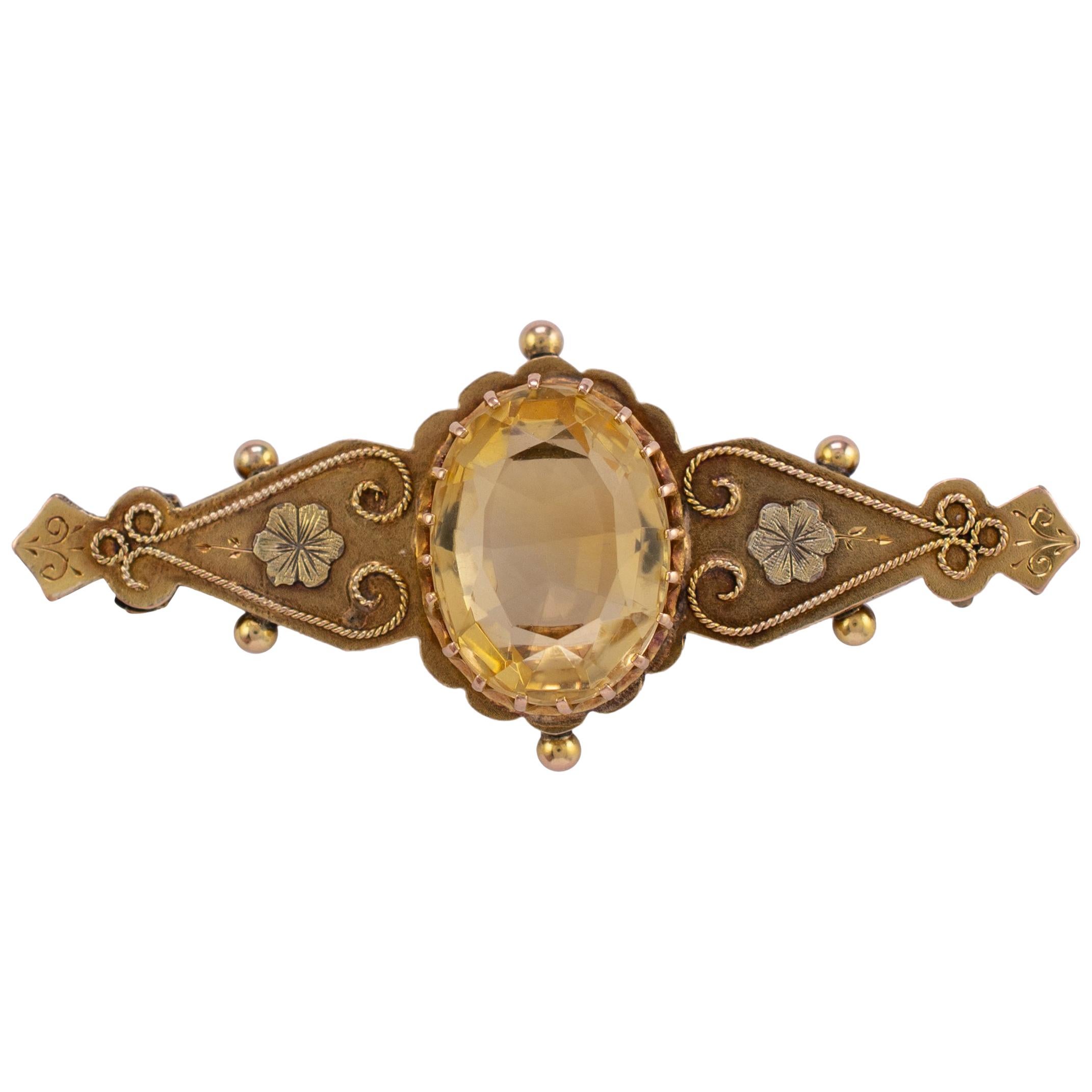 Antique Victorian Citrine Brooch with Cannetille Flowers Dated 1886 For Sale