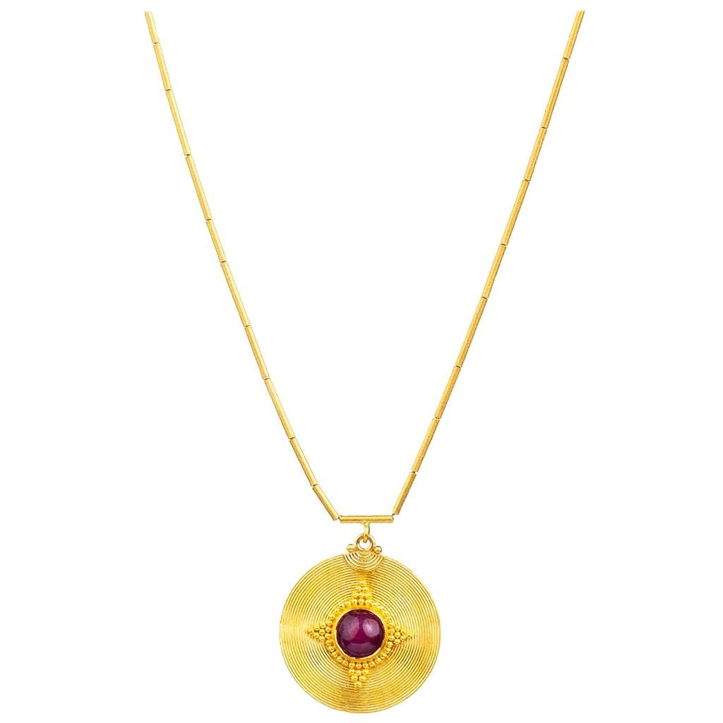 24k Gold Lentil Tube Chain with Wire Wrapped Pendant Adorned with Cabochon Ruby For Sale
