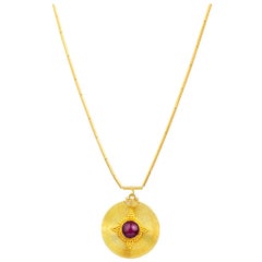 24k Gold Lentil Tube Chain with Wire Wrapped Pendant Adorned with Cabochon Ruby