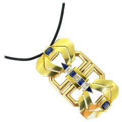 Art Deco Diamonds Sapphires Yellow Gold Platinum Necklace Pendant