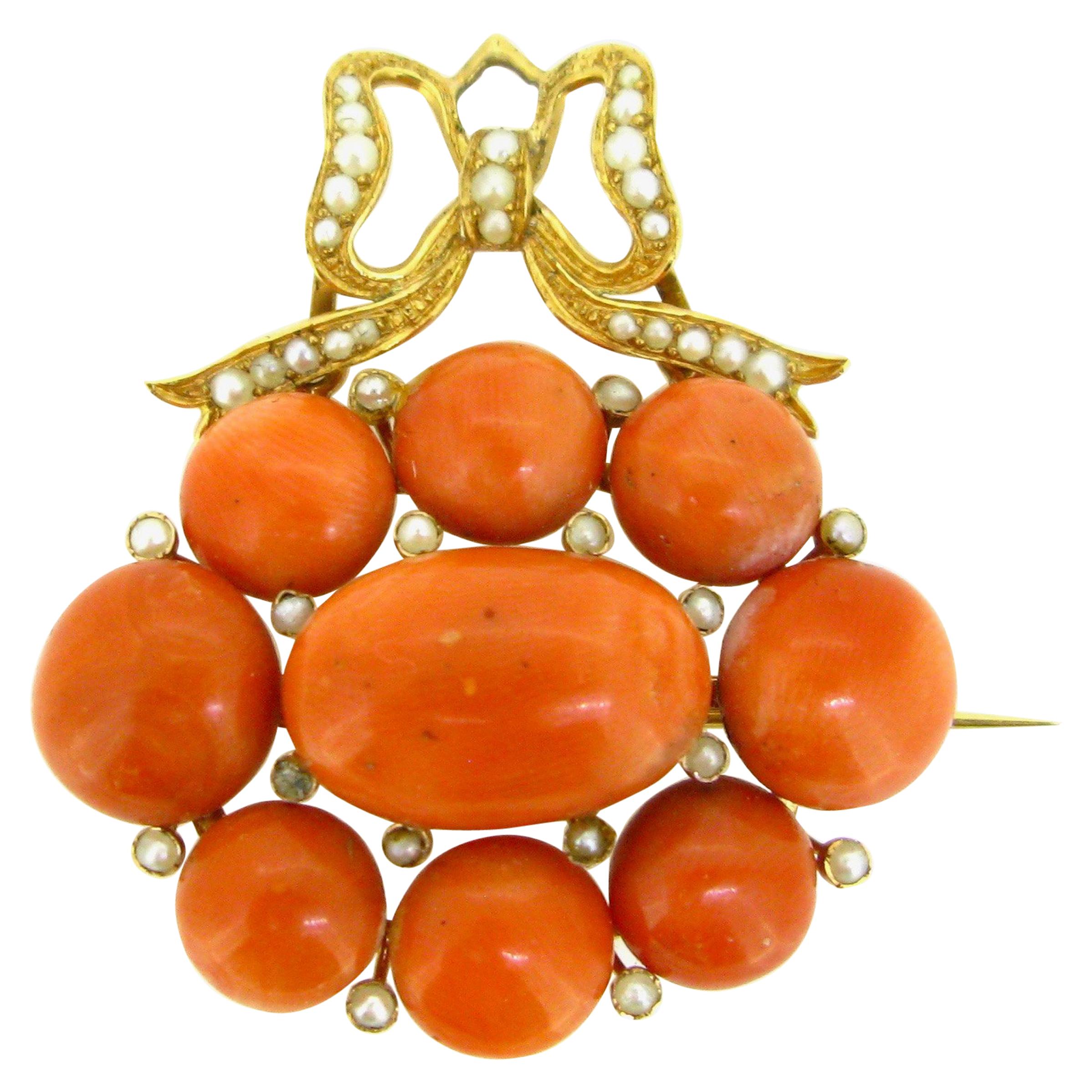 Antique Victorian Coral Beads Seed Pearls Yellow Gold Convertible Brooch Pendant