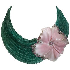 Choker Necklace Pink Shell Flower Emerald Beads Pink and Green Sapphires