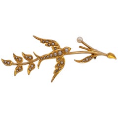 Antique Edwardian Pearl Swallow Bird and Branch Brooch 15 Karat Gold
