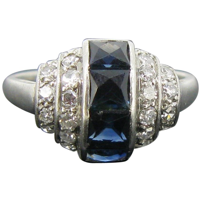 Art Deco French Cut Sapphires Diamonds Platinum Ring