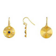 24K Gold Handcrafted Dangle Earrings Adorned with Cabochon Sapphire and Diamonds