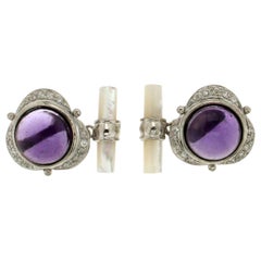 Amethyst 18 Karat White Gold Diamonds and Mother of Pearl Cufflinks