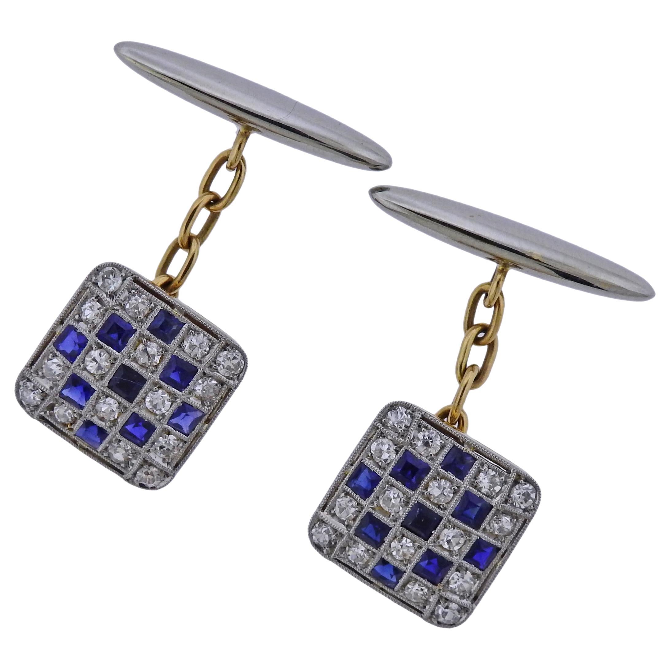 Art Deco Diamond Sapphire Gold Classic Cufflinks For Sale