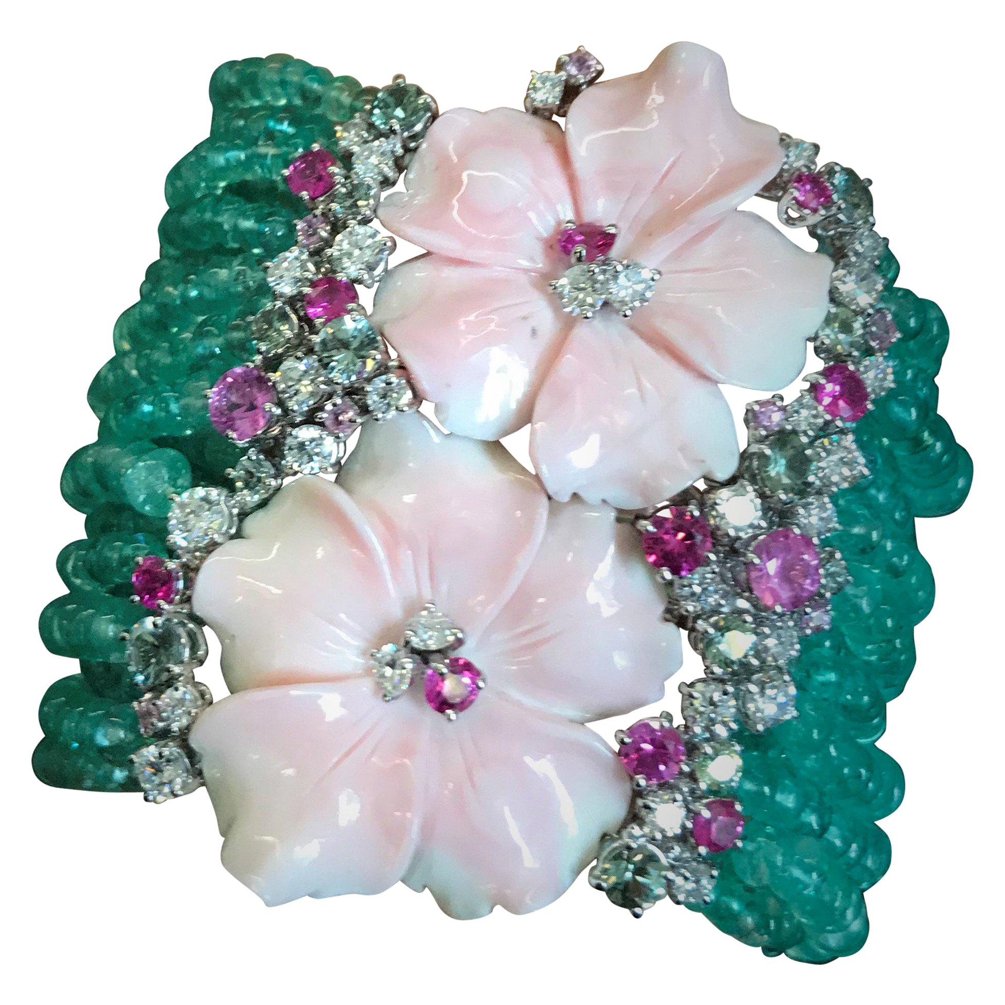 Charm Bracelet Pink Shell Flowers Emerald Beads Threads Sapphires For Sale